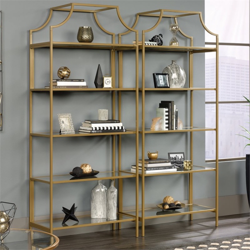 Pemberly Row Modern 5 Shelf Metal Bookcase in Satin Gold Finish