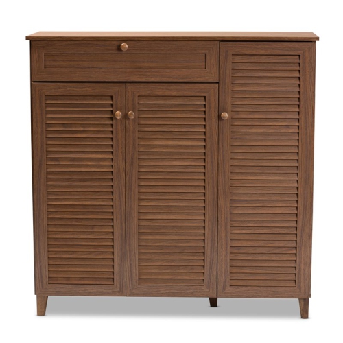 Bowery Hill Wood 11-Shelf and Drawer Shoe Cabinet in Walnut Brown