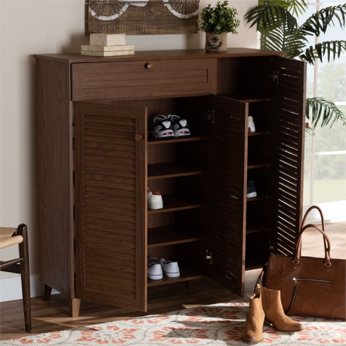 Bowery Hill Wood 11-Shelf and Drawer Shoe Cabinet in Walnut Brown