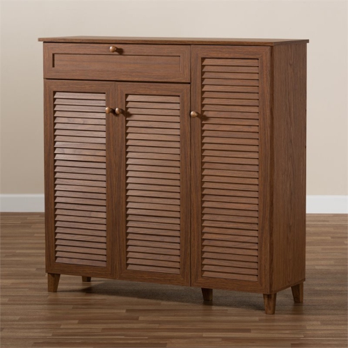 Bowery Hill Wood 11-Shelf and Drawer Shoe Cabinet in Walnut Brown