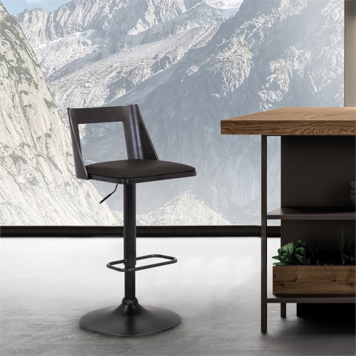 Milan Adjustable Swivel Black Faux Leather and Black Wood Bar Stool