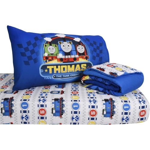 Literie 3 pièces lit de bébé standard Thomas the Tank pour enfants, couvre-lit réversible en microfibre douce, drap-housse et taie d'oreiller pour