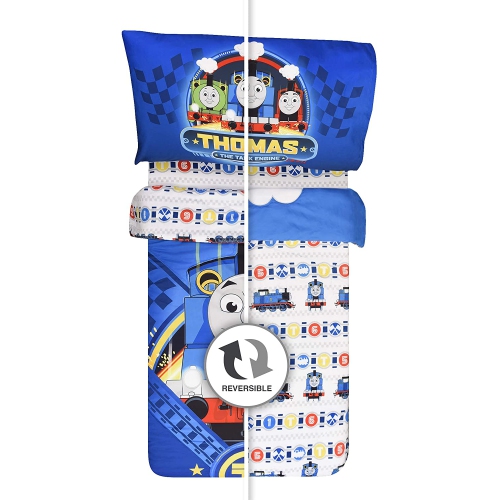 Literie 3 pièces lit de bébé standard Thomas the Tank pour enfants, couvre-lit réversible en microfibre douce, drap-housse et taie d'oreiller pour