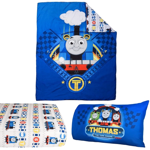 Literie 3 pièces lit de bébé standard Thomas the Tank pour enfants, couvre-lit réversible en microfibre douce, drap-housse et taie d'oreiller pour