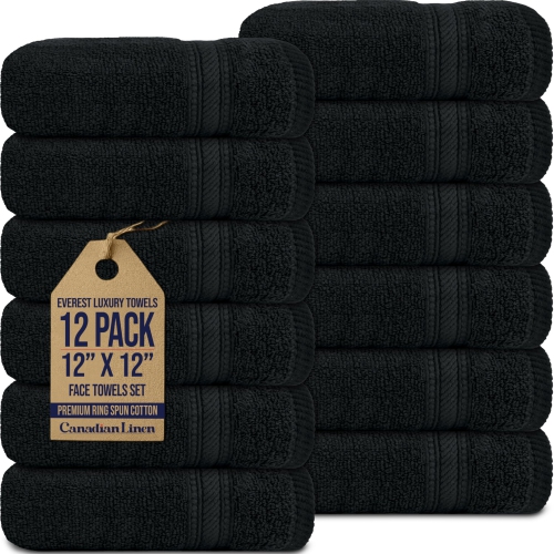Canadian Linen 12 Pack Luxury Everest Washcloths, 12”x12”, Lightweight Quick Dry Soft Absorbent Cotton Fingertip Towels Set for Hair Salon, Spa, Black