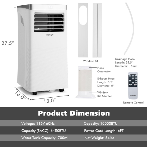 Costway 8000 BTU \10000BTU Portable Air Conditioner 3-in-1 Air Cooler with Remote Control