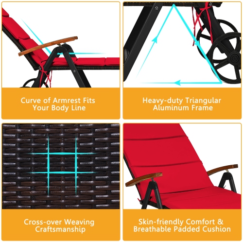 Costway 2 PCS Folding Patio Rattan Lounge Chair Cushioned Aluminum w/ Wheel