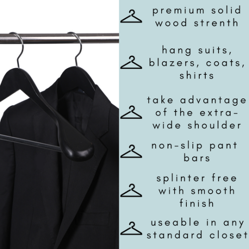 Closet Spice - 6 Pack - (Black) Extra Wide Shoulder Solid Wooden Hanger  with Non Slip Pants Bar, Smooth Finish, Suit/Coat Hanger, 360 Chrome Swivel  Hook, for Heavy Canadian Jackets, Clothes Hangers