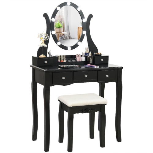 GYMAX  Vanity Table Set W/10 Light Bulbs And Touch Switch Makeup Dressing Table In Black