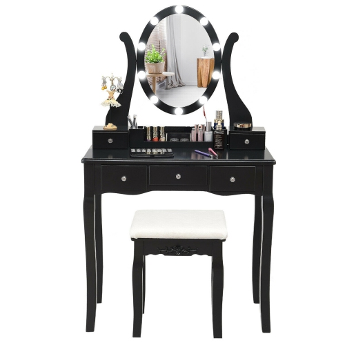 Gymax Vanity Table Set w/10 Light Bulbs and Touch Switch Makeup Dressing Table Black