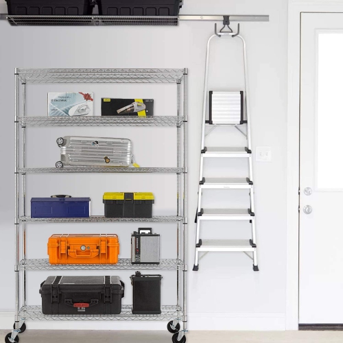 FDW 48 inch L×18 inch W×76 inch H Wire Shelving Unit Metal Shelf with 6 Tier Casters Adjustable Layer Rack Strong Steel for Restaurant Garage Pantry