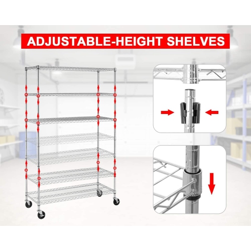 FDW 48 inch L×18 inch W×76 inch H Wire Shelving Unit Metal Shelf with 6 Tier Casters Adjustable Layer Rack Strong Steel for Restaurant Garage Pantry