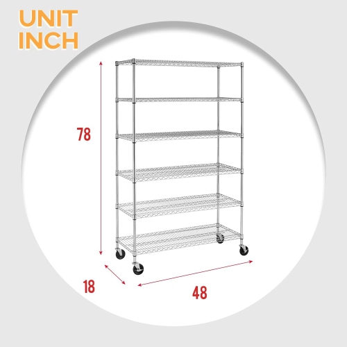 FDW 48 inch L×18 inch W×76 inch H Wire Shelving Unit Metal Shelf with 6 Tier Casters Adjustable Layer Rack Strong Steel for Restaurant Garage Pantry