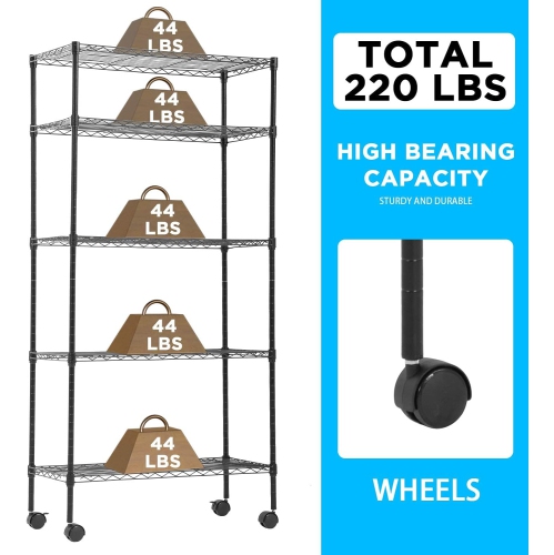 30" L×14" W×60" H Wire Shelving Unit Metal Shelf with 5 Tier Casters Adjustable Layer Rack Strong Steel for Restaurant Garage Pantry Kitchen