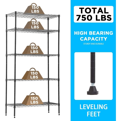 30" L×14" W×60" H Wire Shelving Unit Metal Shelf with 5 Tier Casters Adjustable Layer Rack Strong Steel for Restaurant Garage Pantry Kitchen