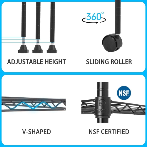 30" L×14" W×60" H Wire Shelving Unit Metal Shelf with 5 Tier Casters Adjustable Layer Rack Strong Steel for Restaurant Garage Pantry Kitchen