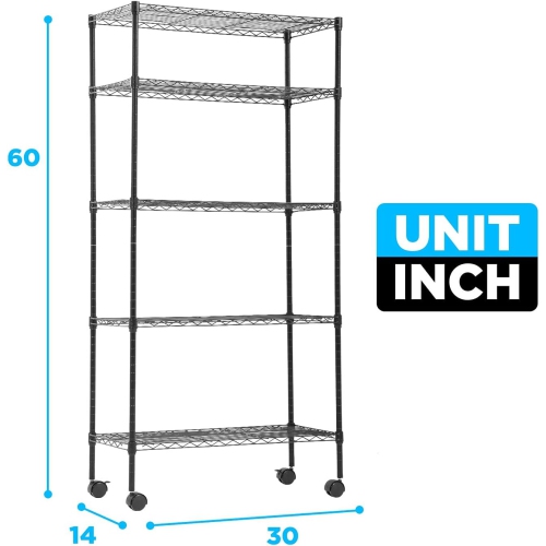 30" L×14" W×60" H Wire Shelving Unit Metal Shelf with 5 Tier Casters Adjustable Layer Rack Strong Steel for Restaurant Garage Pantry Kitchen