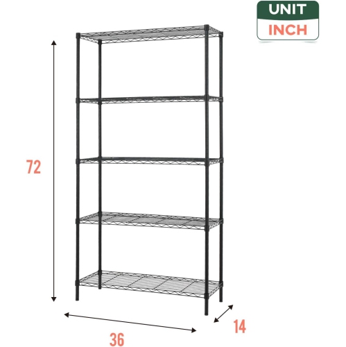 36" L×14" W×72" H Wire Shelving Unit Metal Shelf with 5 Tier Adjustable Layer Rack Strong Steel for Restaurant Garage Pantry Kitchen Garage?Black