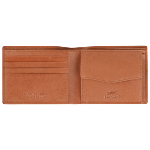 Mancini Bellagio RFID Genuine Leather Bi-fold Wallet with Coin Purse - Cognac
