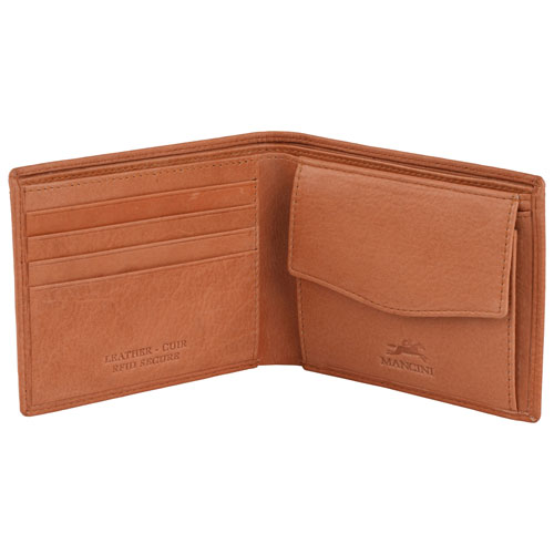 Mancini Bellagio RFID Genuine Leather Bi-fold Wallet with Coin Purse - Cognac