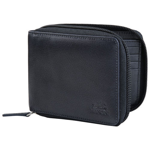 Mancini Bellagio RFID Genuine Leather Bi-fold Zipper Wallet - Black