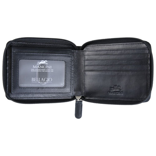 Mancini Bellagio RFID Genuine Leather Bi-fold Zipper Wallet - Black