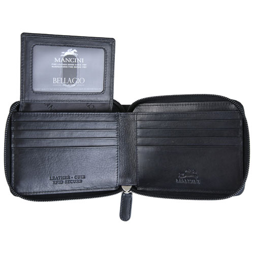 Mancini Bellagio RFID Genuine Leather Bi-fold Zipper Wallet - Black