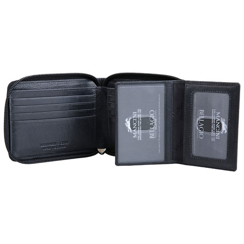 Mancini Bellagio RFID Genuine Leather Bi-fold Zipper Wallet - Black