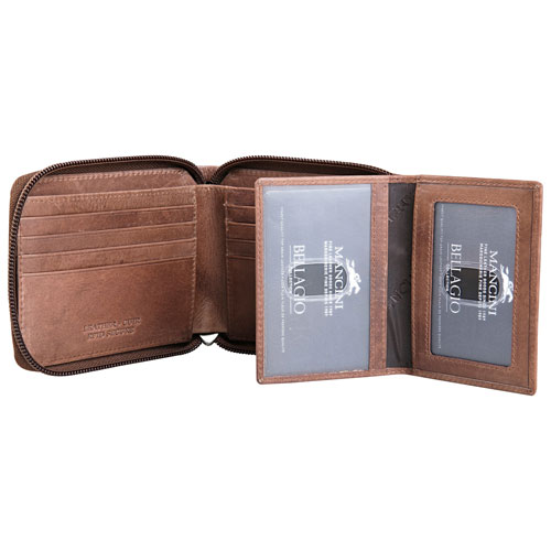 Mancini Bellagio RFID Genuine Leather Bi-fold Zipper Wallet - Brown