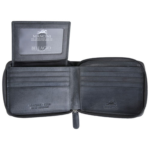 Mancini Bellagio RFID Genuine Leather Bi-fold Zipper Wallet - Grey