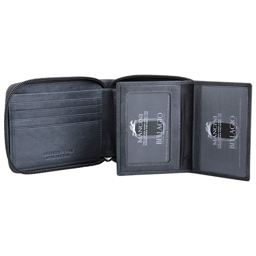 Mancini Bellagio RFID Genuine Leather Bi-fold Zipper Wallet - Grey