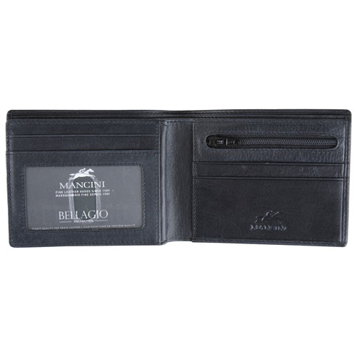 Mancini Bellagio RFID Genuine Leather Bi-fold Wing Zipper Wallet - Black
