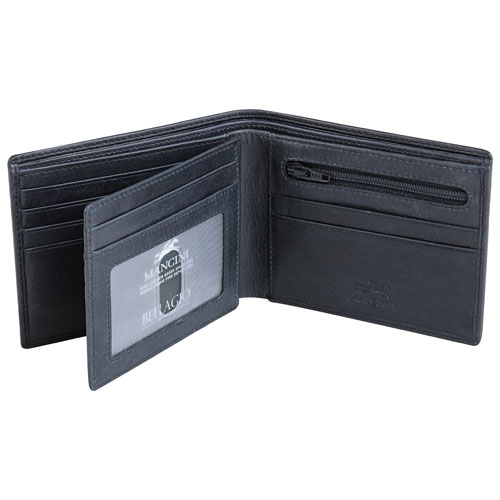 Mancini Bellagio RFID Genuine Leather Bi-fold Wing Zipper Wallet - Black