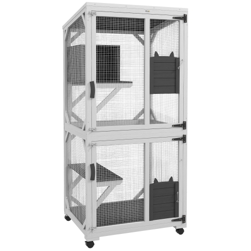 PawHut 71" H Large Catio Outdoor Cat Enclosure, Wooden Kitten House for Patio, Elevated Design with Wheels, Resting Box, Water-Resistant, Multi
