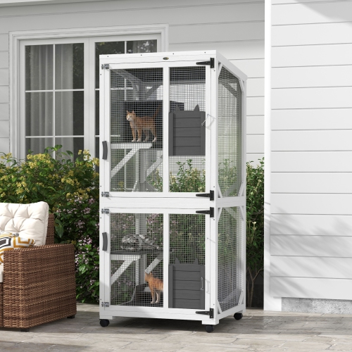 PawHut 71" H Large Catio Outdoor Cat Enclosure, Wooden Kitten House for Patio, Elevated Design with Wheels, Resting Box, Water-Resistant, Multi