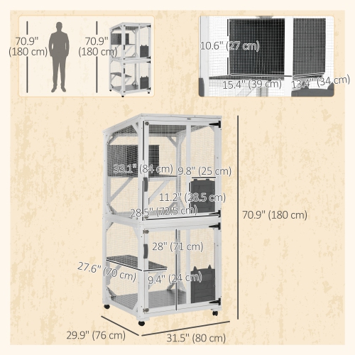 PawHut 71" H Large Catio Outdoor Cat Enclosure, Wooden Kitten House for Patio, Elevated Design with Wheels, Resting Box, Water-Resistant, Multi