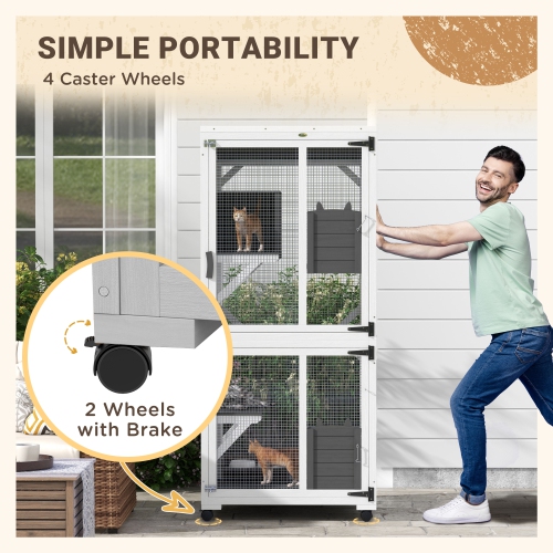 PawHut 71" H Large Catio Outdoor Cat Enclosure, Wooden Kitten House for Patio, Elevated Design with Wheels, Resting Box, Water-Resistant, Multi