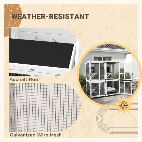 PawHut 71" H Large Catio Outdoor Cat Enclosure, Wooden Kitten House for Patio, Elevated Design with Wheels, Resting Box, Water-Resistant, Multi