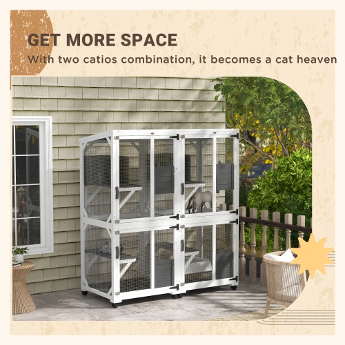 PawHut 71" H Large Catio Outdoor Cat Enclosure, Wooden Kitten House for Patio, Elevated Design with Wheels, Resting Box, Water-Resistant, Multi