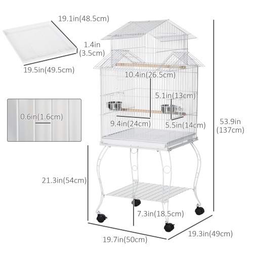 PawHut 53.9'' Large Rolling Steel Bird Cage Bird House with Detachable Rolling Stand, Storage Shelf, Wood Perch, Food Container, White
