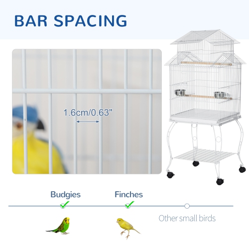 PawHut 53.9'' Large Rolling Steel Bird Cage Bird House with Detachable Rolling Stand, Storage Shelf, Wood Perch, Food Container, White
