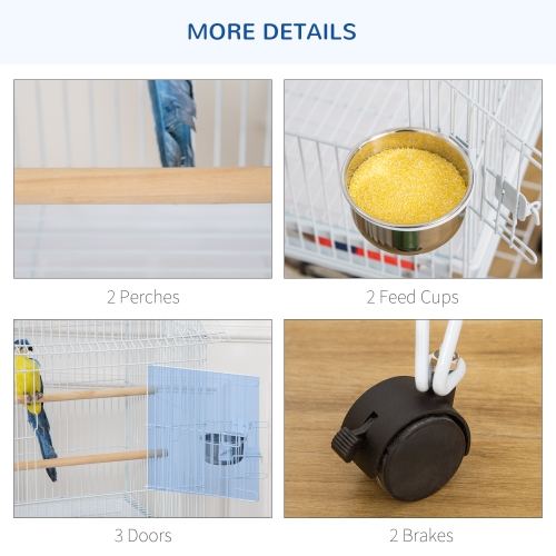 PawHut 53.9'' Large Rolling Steel Bird Cage Bird House with Detachable Rolling Stand, Storage Shelf, Wood Perch, Food Container, White