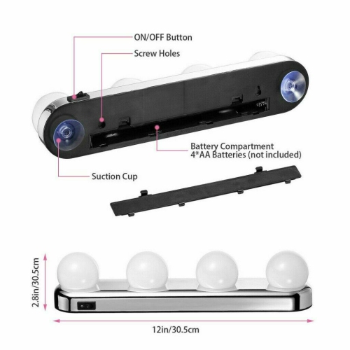ISTAR Portable LED Lights for Vanity Mirror - Battery Operated Wireless Vanity Lights - Suction Cup Stick On 4 Super Bright Bulbs LED Vanity Light