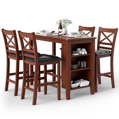 COSTWAY  5PCs Pub Dining Table Set W/ Storage Shelves&4 Upholstered Chairs Walnut