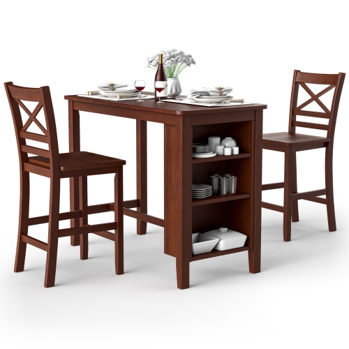 COSTWAY  3PCs Counter Height Pub Dining Table Set W/ Storage Shelves&2 Bar Chairs