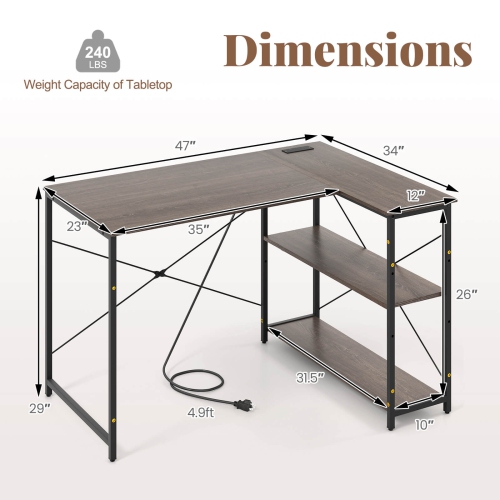 Costway 48" Reversible L Shaped Computer Desk Home Office Table Adjustable Shelf