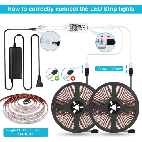 5050 Veilleuses à bande LED, 32,8 pieds RGB Gaming WiFi Bande LED à changement de couleur Fonctionne avec Alexa et Google Home, Éclairage sous le