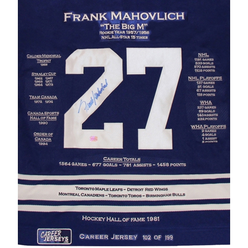 Frank Mahovlich Career Jersey SignedLtd Ed 199 - Toronto Maple Leafs