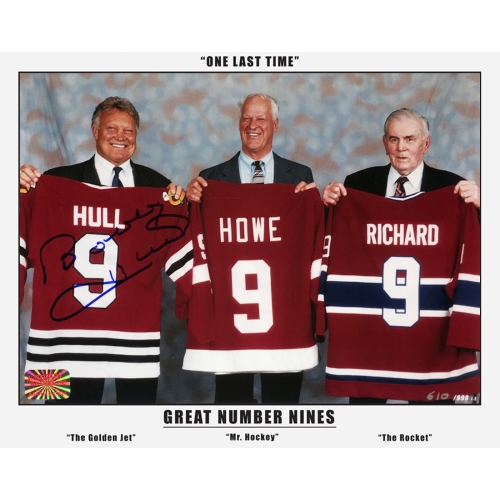 AUTOGRAPH AUTHENTIC  Three Great Nines 8X10: Maurice Richard, Gordie Howe, Signed Bobby Hull