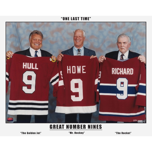 AUTOGRAPH AUTHENTIC  Three Great Nines: Maurice Richard, Gordie Howe & Bobby Hull (20" By 16")